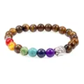 Chakra lava stone tiger eye gemstone beaded bracelet with silver buddha head charm for men - Tiger's Eye