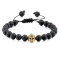 Lavasteen kralen armband met gouden spartan helm bedel verstelbaar gevlochten zwart - Vulkanisch Gesteente Goud