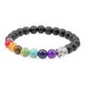 Chakra lava stone beaded bracelet with buddha head and colorful natural stone healing beads. - Matte Black