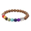 Natural wood and 7 chakra stone beaded bracelet with silver Buddha head for yoga meditation. - Wood Beads