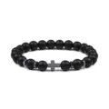 Zwarte kraal armband voor heren met kruishanger en metalen afstandsbandjes stijlvol. - Matzwart