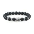 Matte black bead bracelet with silver Buddha head and metal spacer charms for men women - Matte Black