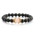 Schwarze Lavastein Perlen Armband mit Rosa Stein und Gold Krone Legierung Elastischer Armreifen - Rosenquarz
