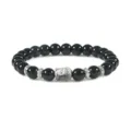 Black stone bead bracelet with alloy Buddha head charm and metal spacer beads for men and women. - Glossy Black