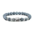 Blaues rissiges Steinperlenarmband mit Legierung Buddha Kopf und silbernen Abstandsperlen - Schwarzer verwitterter Stein