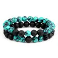Bracelet double en perles de turquoise et pierre de lave noire 8mm bijoux stretch - Ensemble Style Turquoise à Veines Noires