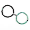 Couples magnetic attraction beaded bracelet set with lava stone and green agate beads. - Lava Weathered Green Agate
