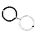 Magnetic couple bracelet set, 6mm black and white stone bead matching design for lovers. - Matte Black Vein Turquoise