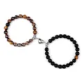 Magnetic couple bracelets set with natural tiger eye and black stone beads for lovers. - Tiger Eye and Matte Black