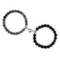 Ensemble de bracelets de couple magnétiques avec agate craquelée bleue et perles de pierre noire. - Agate Vieillie Noire et Pierre de Lave
