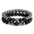 Ensemble de bracelets de perles double couche en pierre de lave noire et perles hématites. - Ensemble Hématite