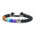 Chakra Buddha bead bracelet, matte black and colorful stones with silver alloy charm. - Matte Finish