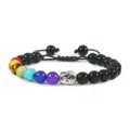Black and white beaded bracelet with silver alloy Buddha head charm and 8mm round beads. - Polished Finish