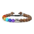 7 Chakra Wooden Buddha Bead Bracelet Adjustable Woven Cord Silver Alloy Charm Jewelry - Wood Beads