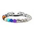 Chakra beaded bracelet with silver alloy Buddha head and multicolor beads adjustable rope design - Black Dragon Vein Agate
