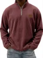 Men's retro corduroy quarter-zip pullover polo shirt with stand collar and stylish chest patch. - Red