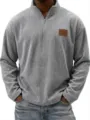Pull homme vintage en velours côtelé gris à col montant demi-zip avec patch en cuir. - S / Gris