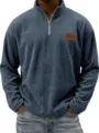 Men corduroy quarter zip pullover vintage casual long sleeve polo shirt with chest leather patch - Dark Blue