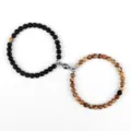 Magnetic couple bracelets with 6mm natural stone beads, matching distance bracelets for lovers. - Matte Picture Jasper
