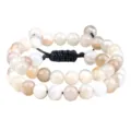 Bracelet réglable en perles d'agate rayée naturelle, bijoux de mode en pierres colorées. - Tissé Ajustable Double Couche / Blanc