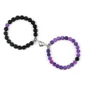 Bracelet de couple magnétique perles de lave noire et agate violette modèle variante - Agate Vieillie Violette et Pierre de Lave