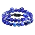 Bracelet en perles d'agate rayée bleue réglable fait main 8mm bijoux en pierre naturelle - Tissé Ajustable Double Couche / Lapis-lazuli