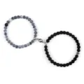 Magnetic couple bracelets set featuring 6mm black lava stone and cracked agate beads. - Lava Weathered Black Agate