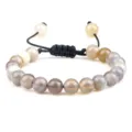 Bracelet de perles en agate naturelle rayée avec cordon tissé noir réglable pour tous. - Style Tressé / Blanc Grisâtre