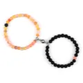Couple magnetic bracelets set with 6mm cracked agate and black lava stones for lovers. - Lava Weathered Orange Agate
