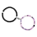 Couple magnetic 6mm bead bracelet set with black lava stone and purple agate design. - Lava Weathered Purple Agate