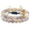Bracelet tressé réglable en perles d'agate naturelle ensemble d'accessoires de mode - Tissé Ajustable Double Couche / Blanc Grisâtre