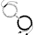Couple magnetic stone bead bracelet set black and white braided adjustable hand jewelry - Matte Black Vein Turquoise