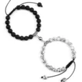 Magnetic couple matching stone bead bracelets set with black lava and white howlite stones. - Lava Black Vein Turquoise