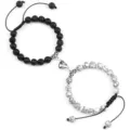 Magnetic couple bracelet set with black lava stone and white stone, adjustable handmade braided design. - Lava Black Vein Turquoise