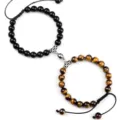 Magnetic couple matching bead bracelets set with black obsidian and natural tiger eye stones. - Glossy Tiger Eye