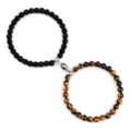 Magnetic couple beaded bracelets set with black stone and tiger eye beads for best friends gift. - Matte Tiger Eye