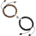 Couple matching braided beaded bracelets with magnetic heart clasp for long distance relationship. - Matte Tiger Eye