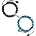 Couple Magnetic Attraction Beaded Bracelets Set Black Lava Stone And Blue Stone - Lava Sapphire Tiger Eye