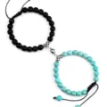 Couple magnetic attraction beaded bracelet set, matching black and turquoise stone jewelry. - Matte Blue Turquoise