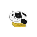 Cute cat enamel pin, black and white kitty in yellow box brooch badge for backpacks. - Cat
