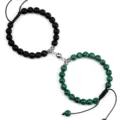 Couple magnetic bracelet set with black and green beaded braided design for besties. - Matte Malachite