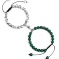 Couple magnetic beaded bracelet set, handmade braided stone bracelets for best friends women. - Black Vein Turquoise and Malachite