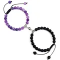 Couple magnetic attraction beaded bracelet set, handmade braided rope matching jewelry gift. - Matte Purple Weathered Stone