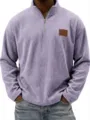 Close-up detail shot of mens corduroy quarter-zip mock neck pullover in light purple color. - Purple