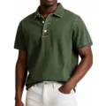 Men's green denim short sleeve polo shirt, vintage style casual button-down top. - Army Green