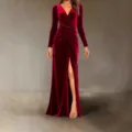 Stunning velvet long sleeve evening dress with V-neck, high slit and elegant draped waist. - S / Red