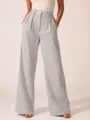 Grey and white striped wide leg trousers for women, casual high waist elegant suit pants. - Gray