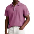 Men vintage solid color short sleeve denim polo shirt casual retro top stylish apparel - Pink