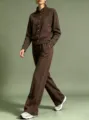 Details of the 2026 women solid stand collar cardigan sweatshirt and wide leg pants set. - Brown