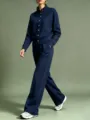 Sweat-shirt cardigan unicolore à col montant et pantalon ample ensemble de survêtement - S / Haut et Bas / Bleu marine